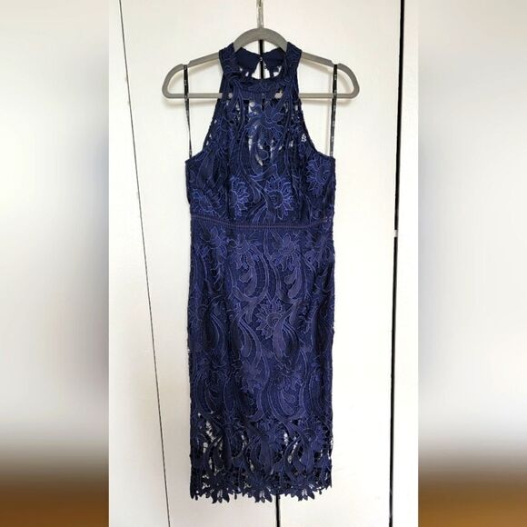 NWOT Indigo Blue High Neck Sleeveless Lace Dress - Picture 3 of 8